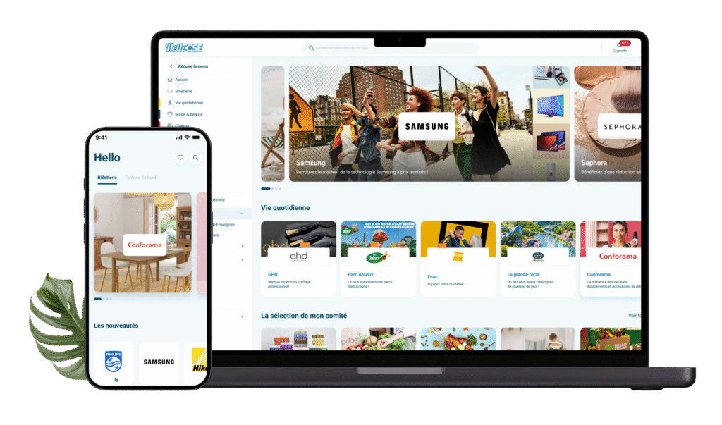 Plateforme d’avantages HelloCSE affichée sur smartphone et ordinateur