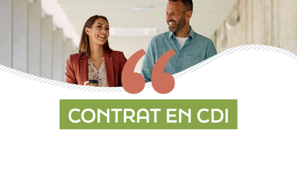 Deux personnes souriantes homme et femme avec le texte Contrat en CDI