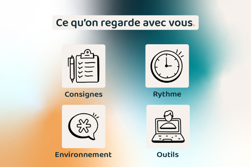 Infographie: ce qu’on regarde pour ajuster une mission - consignes, rythme, environnement, outils.